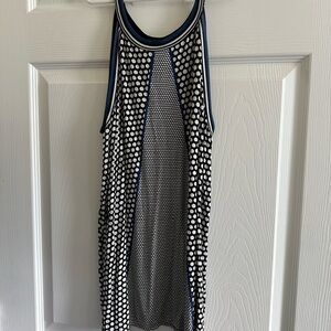 Max Studio Black and White Polka Dot Top with Blue Accents